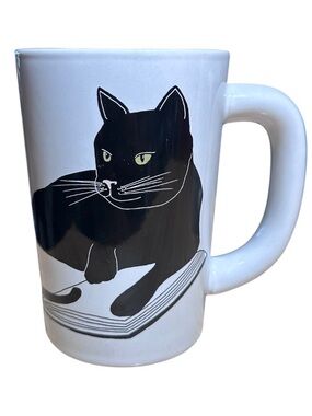 Out of Print White Mug with Black Cat Illustration